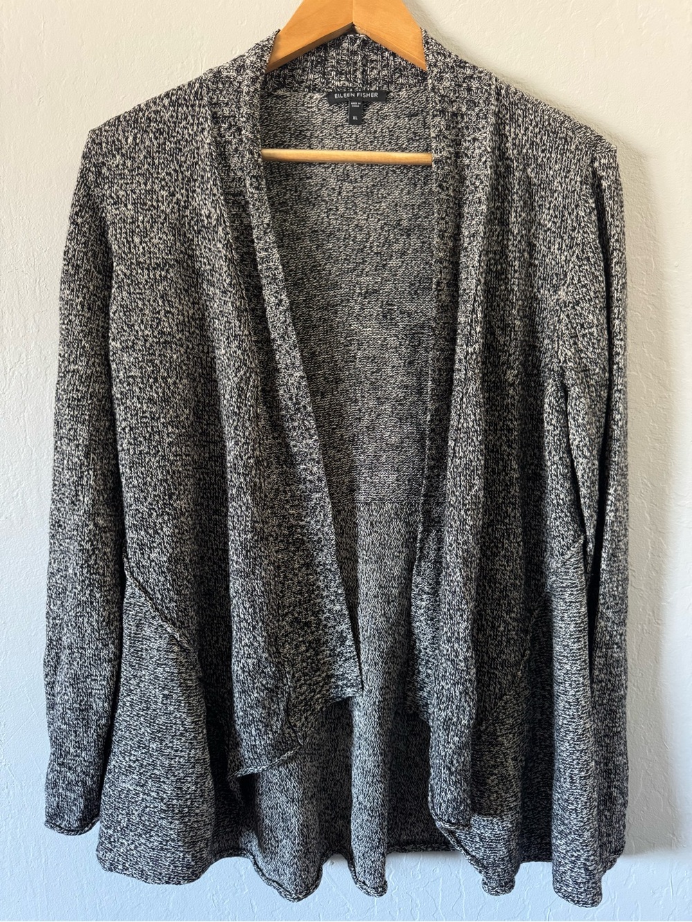 EILEEN FISHER Lagenlook Open-Front Marled Black/Cream Women's Sweater Cardigan
